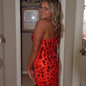 Red Patterned Strapless Women's Dress